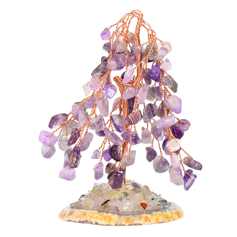 Raw Gemstone Willow Copper Tree Crystal Wood Base Spiritual Meditation Energy Room Office Desk Decor Gifts