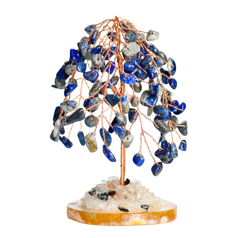 Raw Gemstone Willow Copper Tree Crystal Wood Base Spiritual Meditation Energy Room Office Desk Decor Gifts