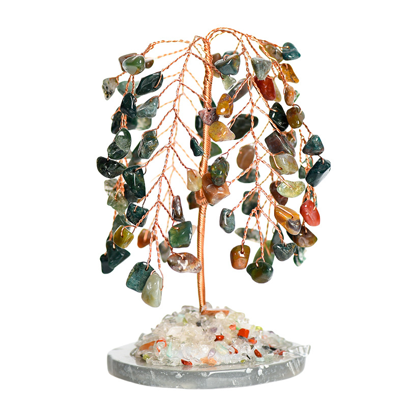 Raw Gemstone Willow Copper Tree Crystal Wood Base Spiritual Meditation Energy Room Office Desk Decor Gifts