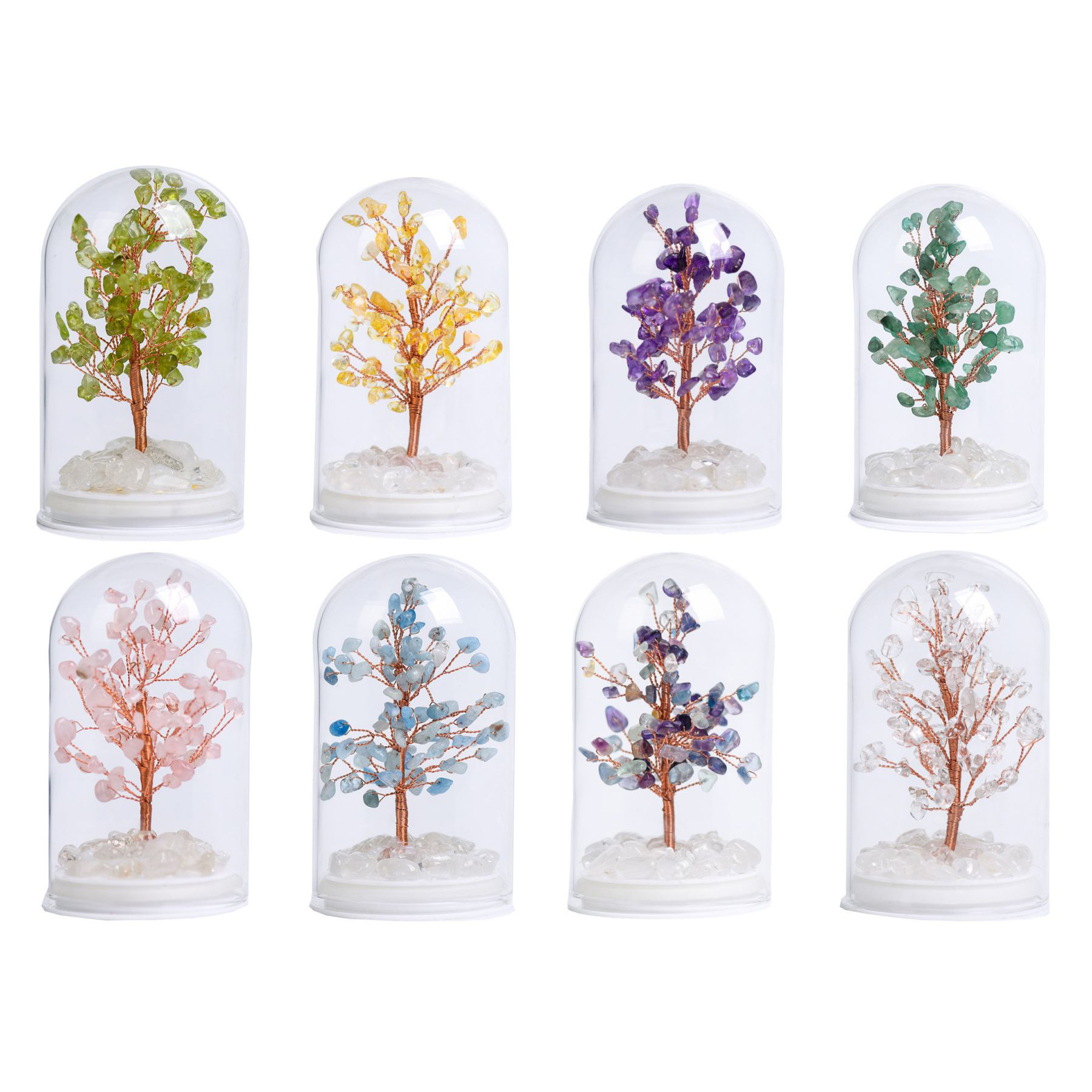 Raw Gemstone Copper Tree Crystal Wood Base Spiritual Meditation Energy Room Office Desk Decor Gifts