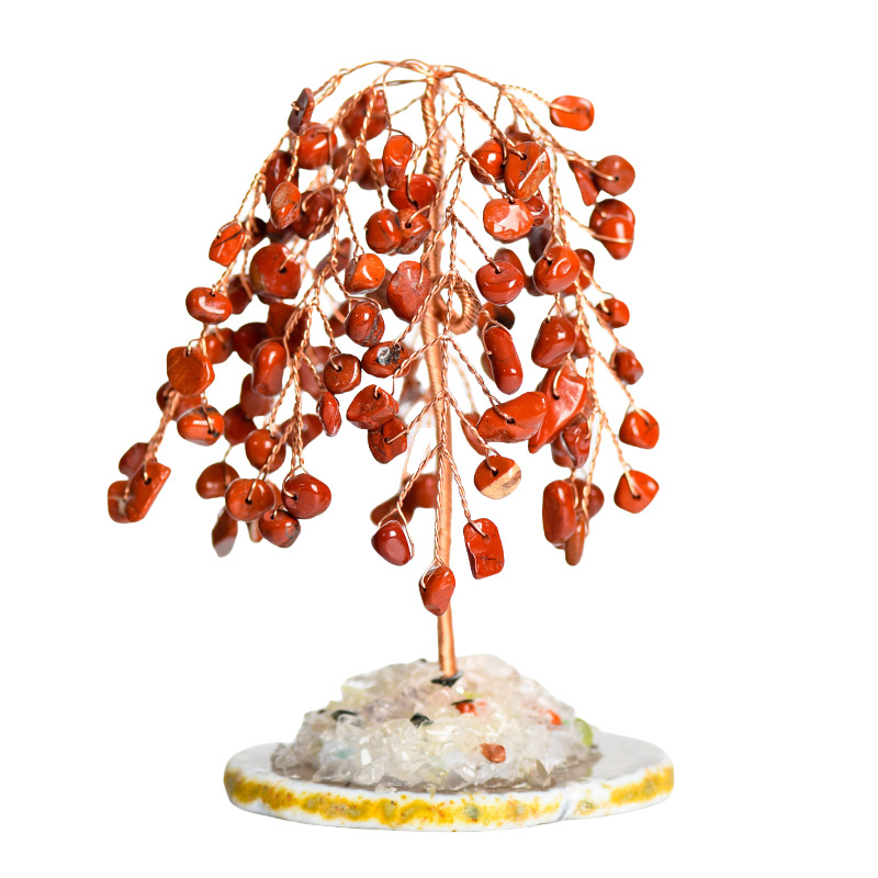 Raw Gemstone Willow Copper Tree Crystal Wood Base Spiritual Meditation Energy Room Office Desk Decor Gifts