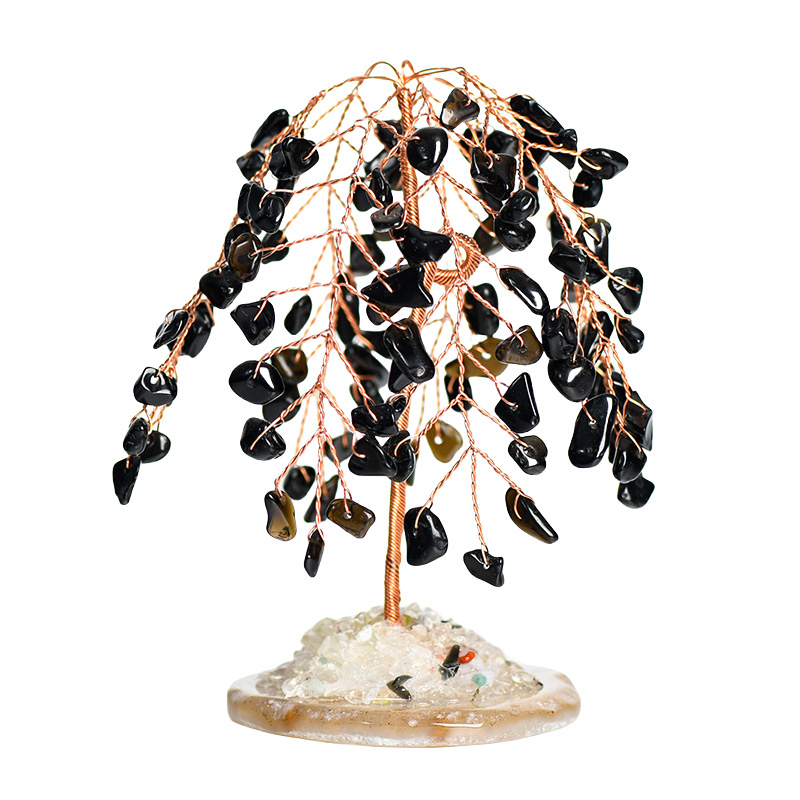 Raw Gemstone Willow Copper Tree Crystal Wood Base Spiritual Meditation Energy Room Office Desk Decor Gifts