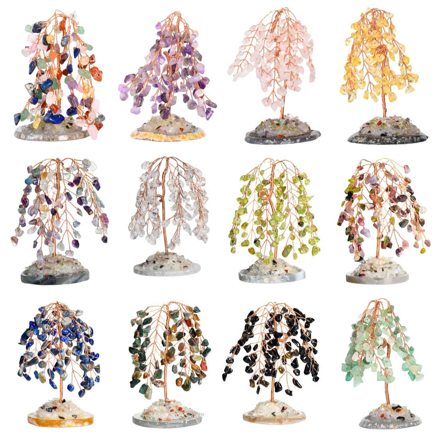 Raw Gemstone Willow Copper Tree Crystal Wood Base Spiritual Meditation Energy Room Office Desk Decor Gifts