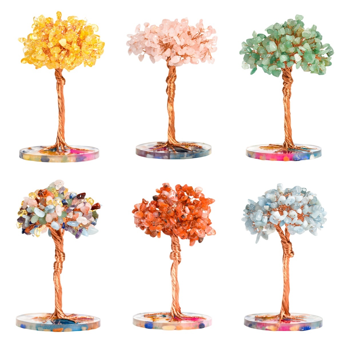 Raw Gemstone Copper Tree Spiritual Meditation Energy Room Office Desk Decor Gifts- Resin Base