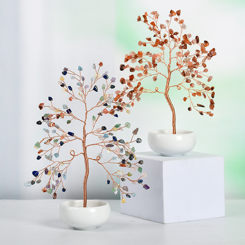 Raw Gemstone Copper Tree Crystal Wood Base Spiritual Meditation Energy Room Office Desk Decor Gifts