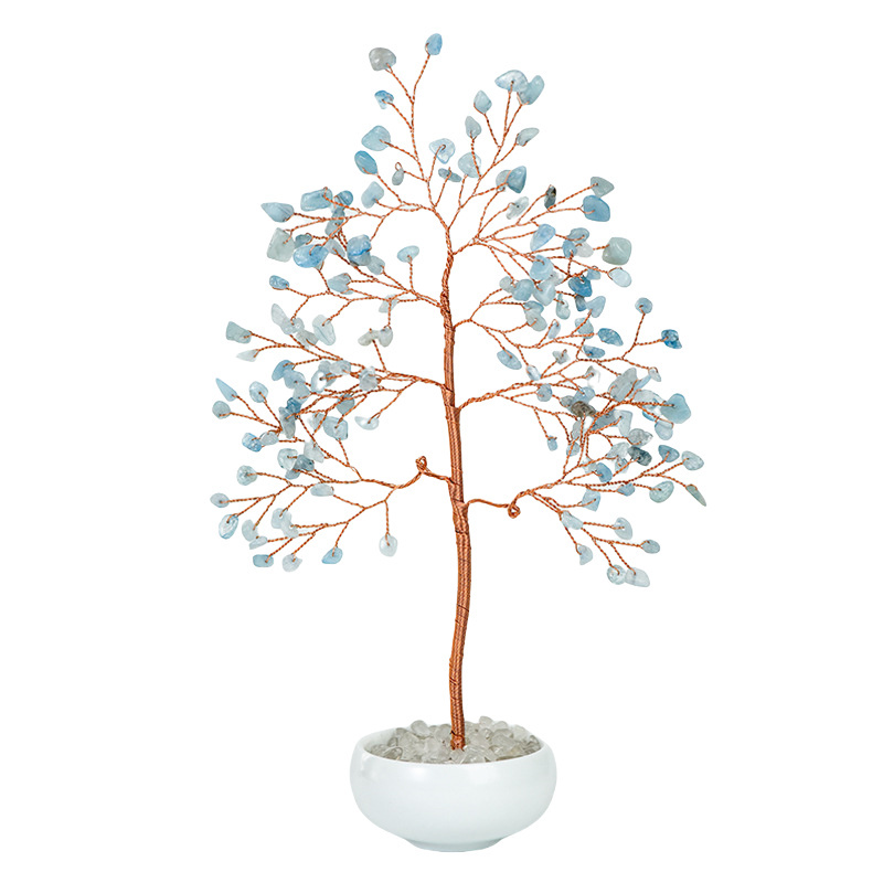 Raw Gemstone Copper Tree Crystal Wood Base Spiritual Meditation Energy Room Office Desk Decor Gifts