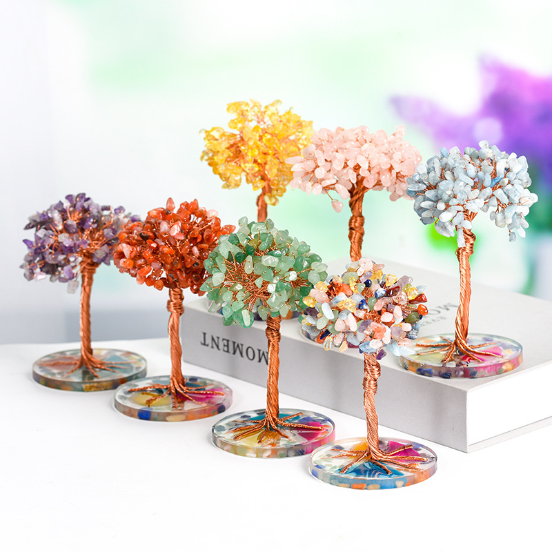 Raw Gemstone Copper Tree Spiritual Meditation Energy Room Office Desk Decor Gifts- Resin Base