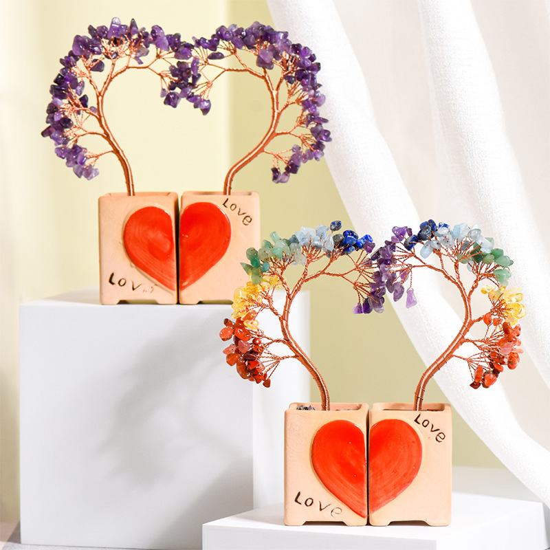 Couple Raw Gemstone Copper Tree Spiritual Meditation Energy Room Office Desk Decor Gifts