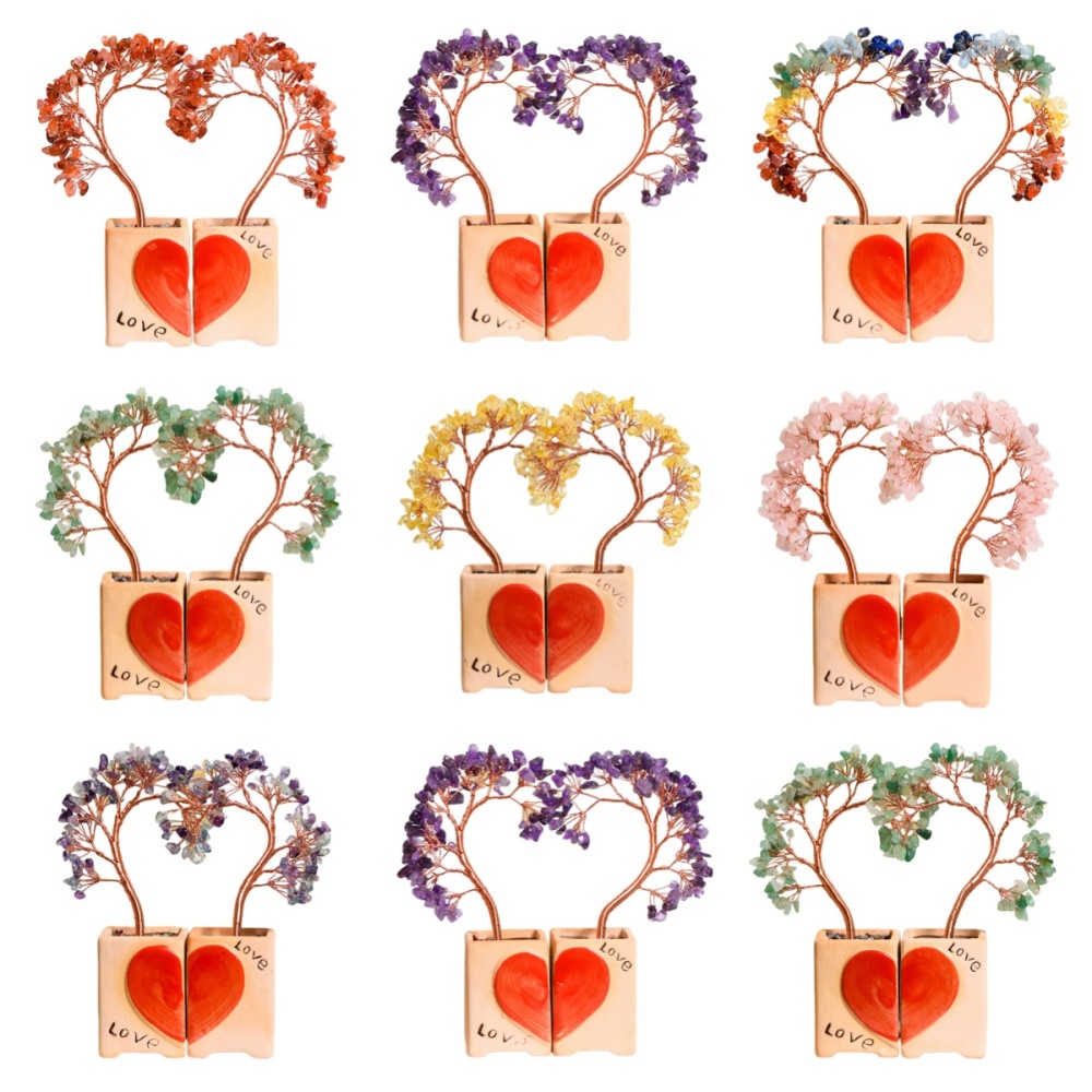 Couple Raw Gemstone Copper Tree Spiritual Meditation Energy Room Office Desk Decor Gifts