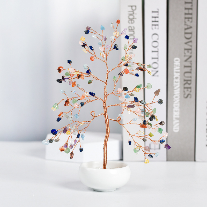 Raw Gemstone Copper Tree Crystal Wood Base Spiritual Meditation Energy Room Office Desk Decor Gifts