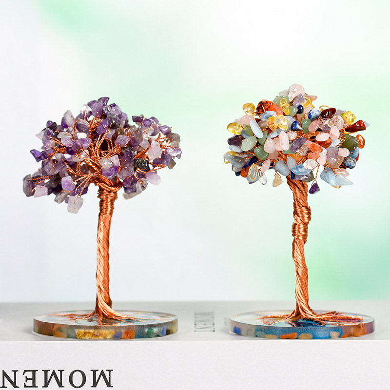 Raw Gemstone Copper Tree Spiritual Meditation Energy Room Office Desk Decor Gifts- Resin Base