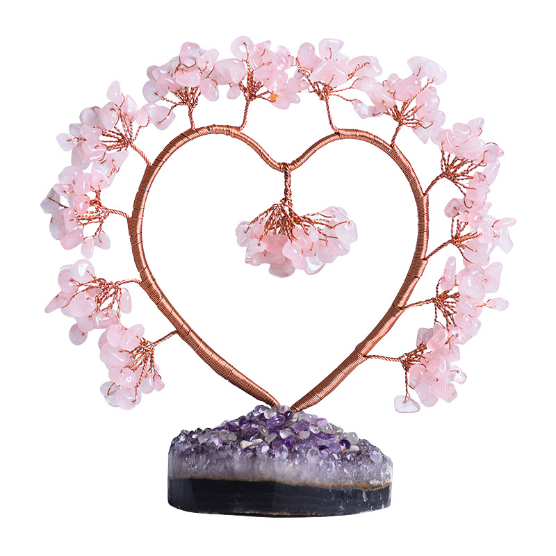 Handmade Crystal Heart Tree on Amethyst Cluster Base for Wedding Reiki Healing Energy Home Office Indoor Decor