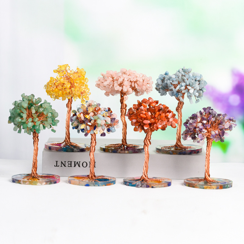 Raw Gemstone Copper Tree Spiritual Meditation Energy Room Office Desk Decor Gifts- Resin Base
