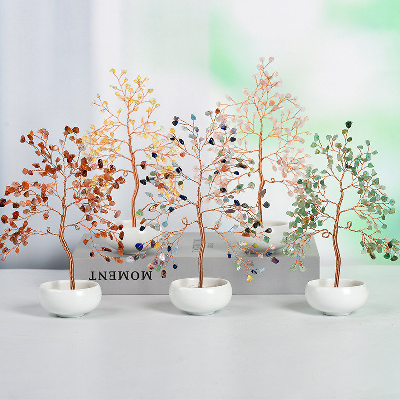 Raw Gemstone Copper Tree Crystal Wood Base Spiritual Meditation Energy Room Office Desk Decor Gifts