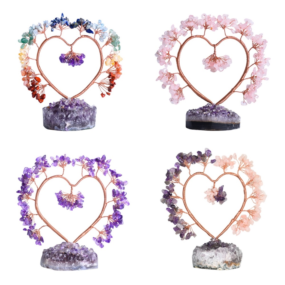 Handmade Crystal Heart Tree on Amethyst Cluster Base for Wedding Reiki Healing Energy Home Office Indoor Decor