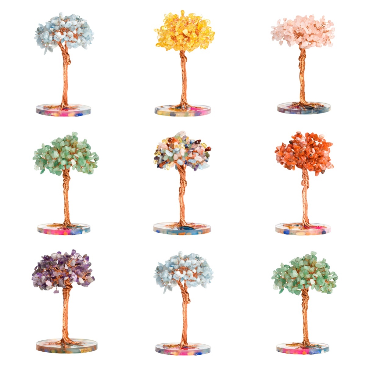 Raw Gemstone Copper Tree Spiritual Meditation Energy Room Office Desk Decor Gifts- Resin Base