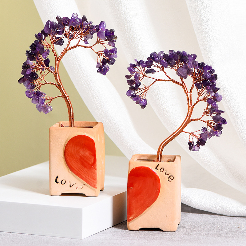 Couple Raw Gemstone Copper Tree Spiritual Meditation Energy Room Office Desk Decor Gifts