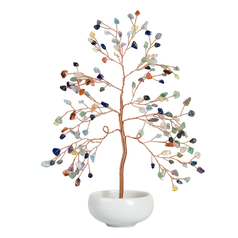 Raw Gemstone Copper Tree Crystal Wood Base Spiritual Meditation Energy Room Office Desk Decor Gifts