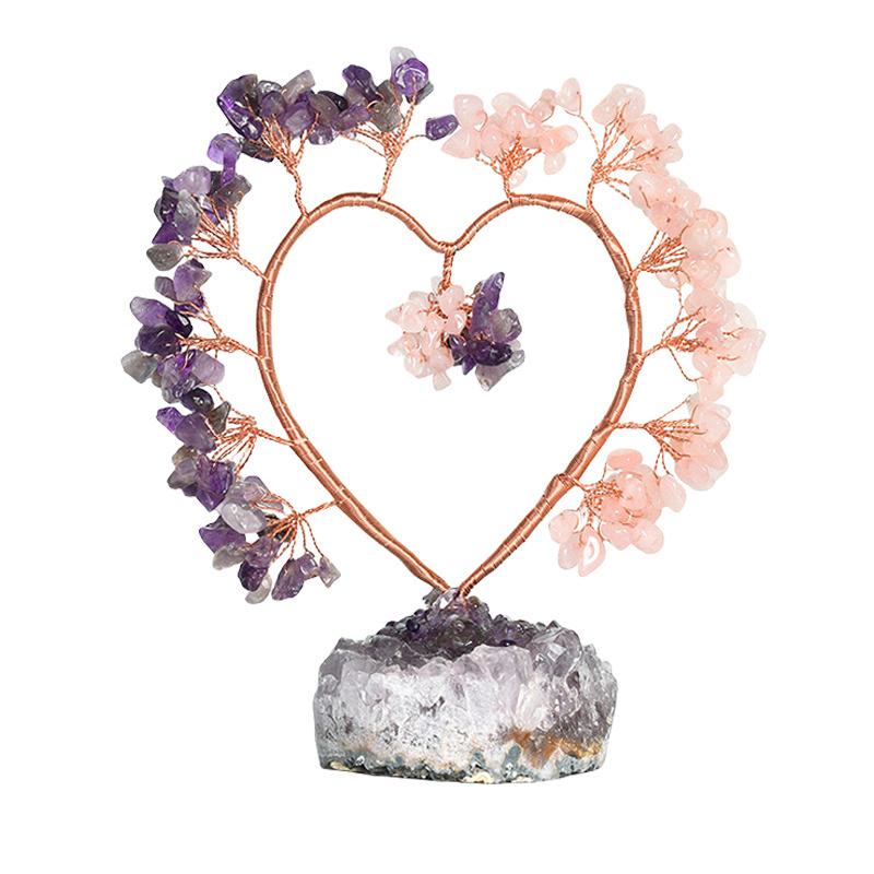 Handmade Crystal Heart Tree on Amethyst Cluster Base for Wedding Reiki Healing Energy Home Office Indoor Decor