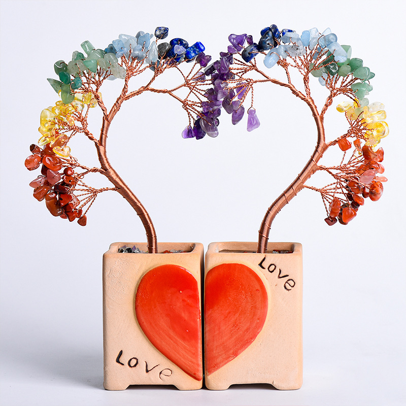 Couple Raw Gemstone Copper Tree Spiritual Meditation Energy Room Office Desk Decor Gifts