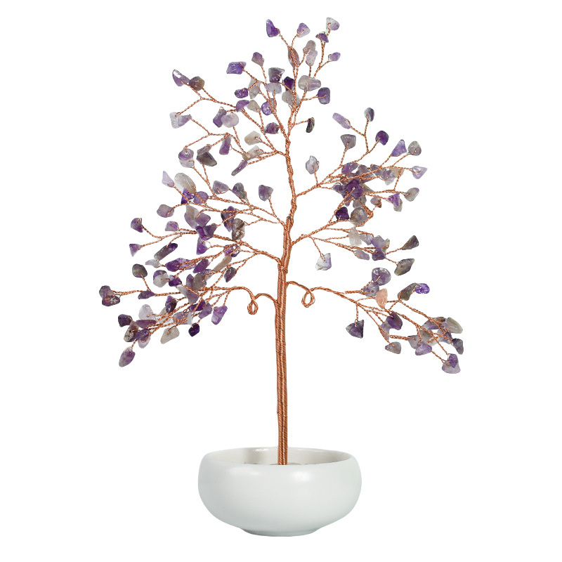 Raw Gemstone Copper Tree Crystal Wood Base Spiritual Meditation Energy Room Office Desk Decor Gifts