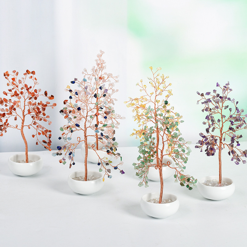 Raw Gemstone Copper Tree Crystal Wood Base Spiritual Meditation Energy Room Office Desk Decor Gifts