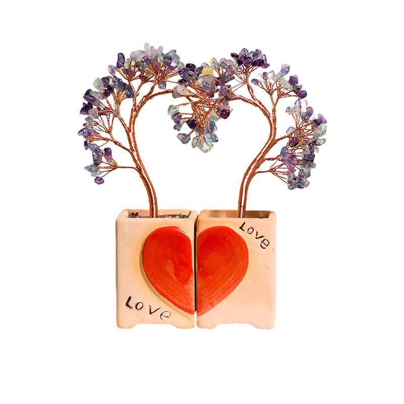 Couple Raw Gemstone Copper Tree Spiritual Meditation Energy Room Office Desk Decor Gifts
