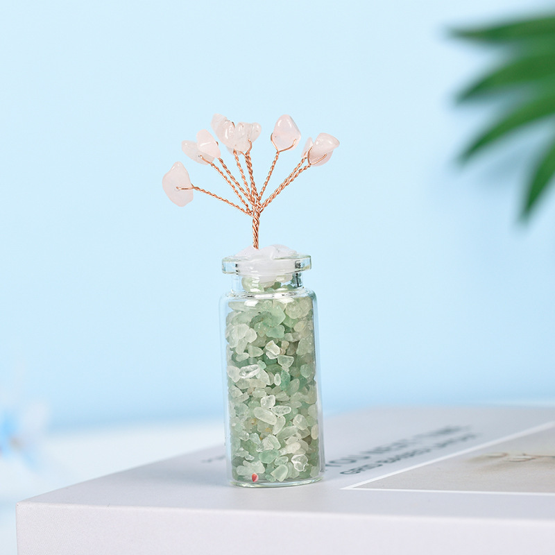 Raw Stone Tree with Crystal Wishing Bottle Base for Home Office Table Decor Wealth and Luck