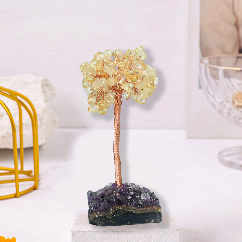 Raw Stone Copper Tree with Druzy Amethyst Cluster Ornament（ Approx 50-80MM X125MM)