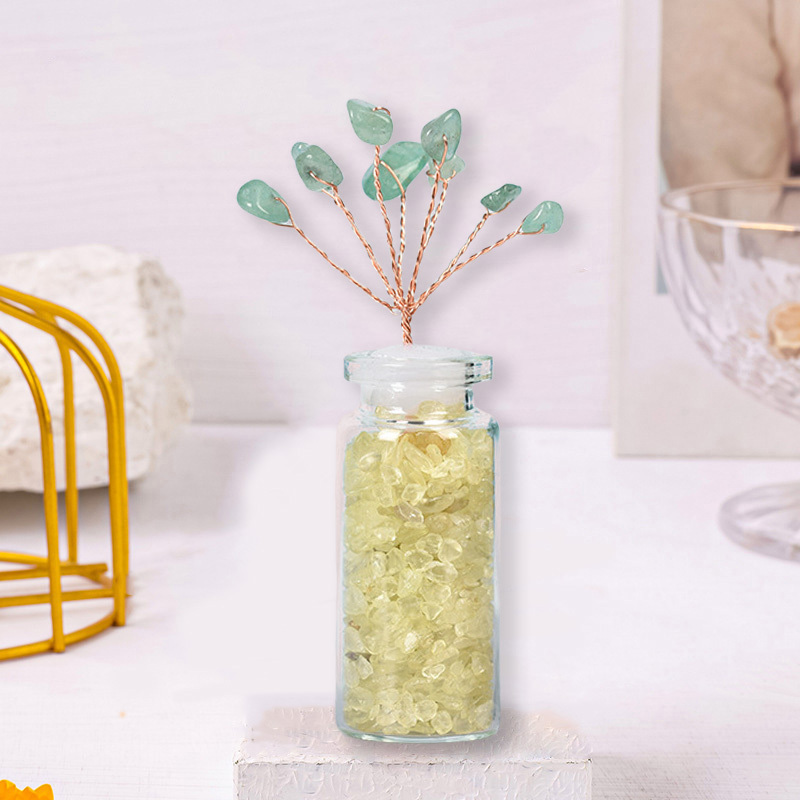 Raw Stone Tree with Crystal Wishing Bottle Base for Home Office Table Decor Wealth and Luck