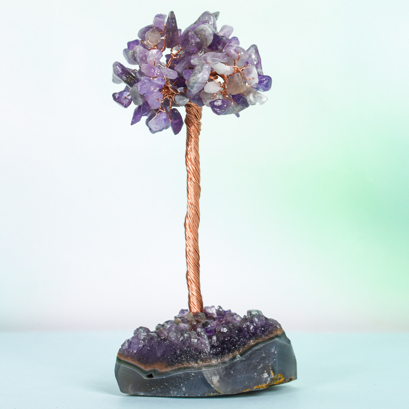 Raw Stone Copper Tree with Druzy Amethyst Cluster Ornament（ Approx 50-80MM X125MM)