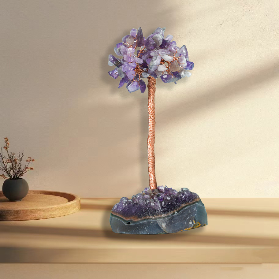 Raw Stone Copper Tree with Druzy Amethyst Cluster Ornament（ Approx 50-80MM X125MM)