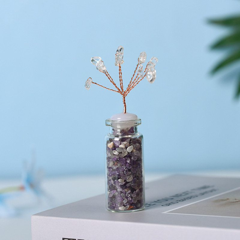 Raw Stone Tree with Crystal Wishing Bottle Base for Home Office Table Decor Wealth and Luck