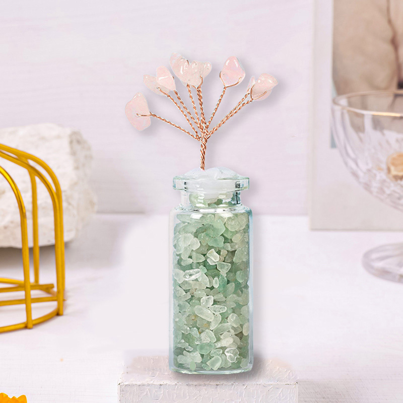 Raw Stone Tree with Crystal Wishing Bottle Base for Home Office Table Decor Wealth and Luck