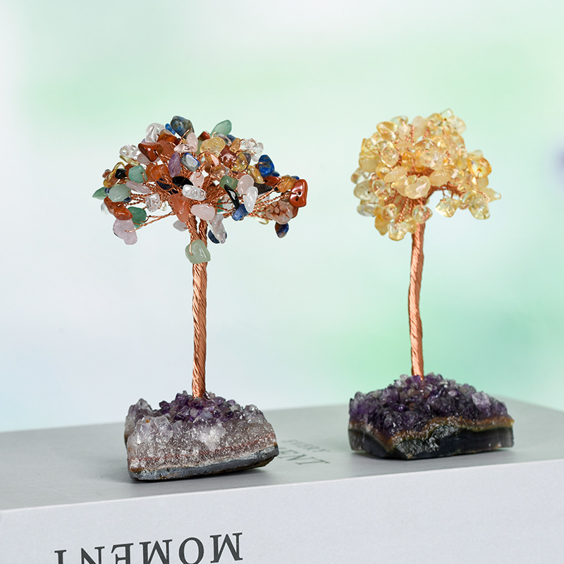 Raw Stone Copper Tree with Druzy Amethyst Cluster Ornament（ Approx 50-80MM X125MM)