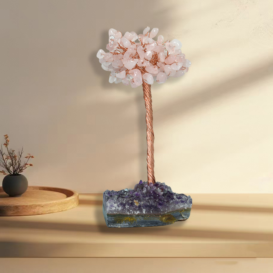 Raw Stone Copper Tree with Druzy Amethyst Cluster Ornament（ Approx 50-80MM X125MM)