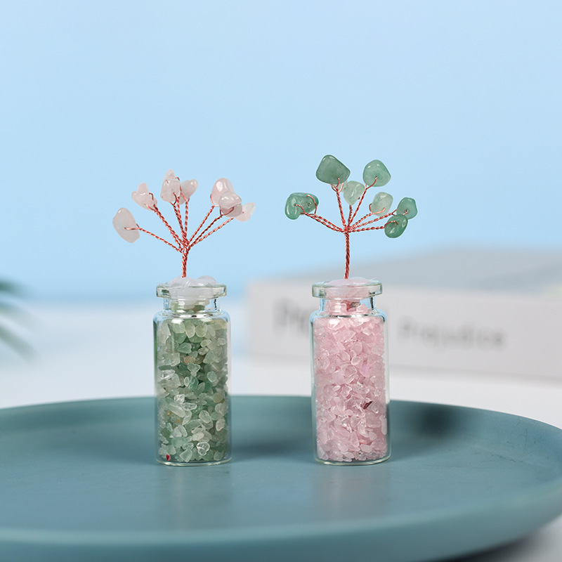 Raw Stone Tree with Crystal Wishing Bottle Base for Home Office Table Decor Wealth and Luck