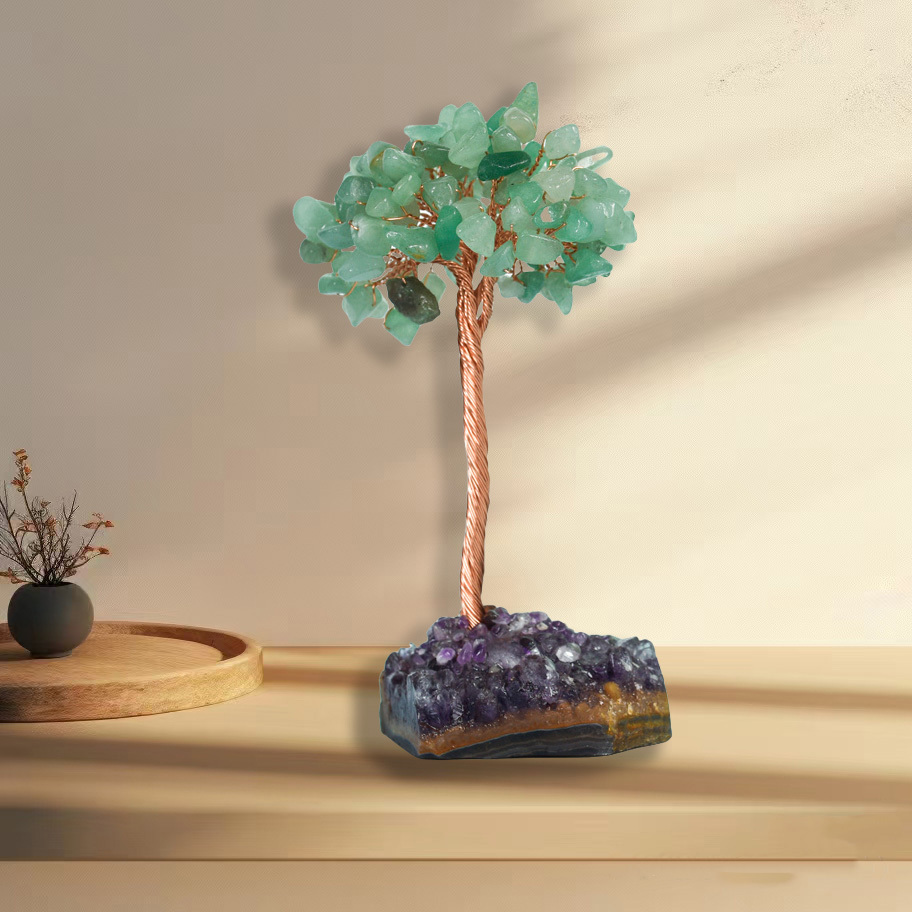 Raw Stone Copper Tree with Druzy Amethyst Cluster Ornament（ Approx 50-80MM X125MM)