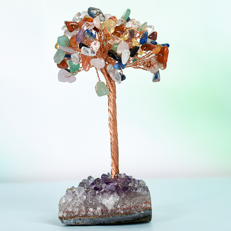 Raw Stone Copper Tree with Druzy Amethyst Cluster Ornament（ Approx 50-80MM X125MM)
