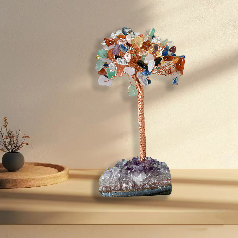 Raw Stone Copper Tree with Druzy Amethyst Cluster Ornament（ Approx 50-80MM X125MM)