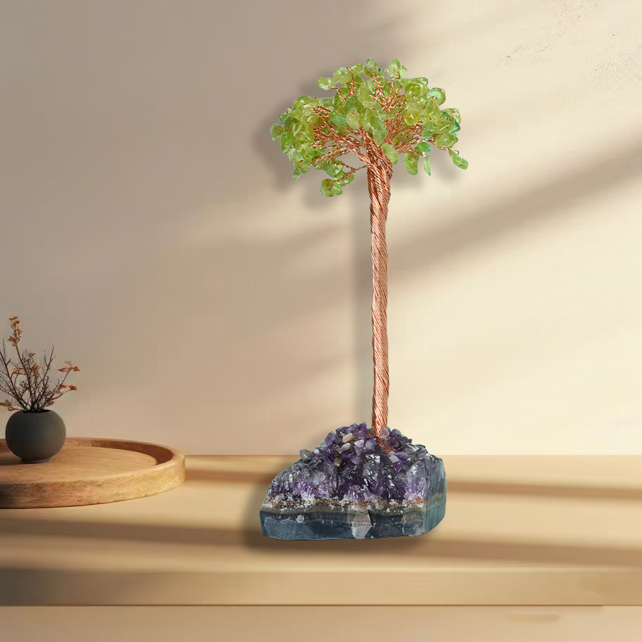 Raw Stone Copper Tree with Druzy Amethyst Cluster Ornament（ Approx 50-80MM X125MM)