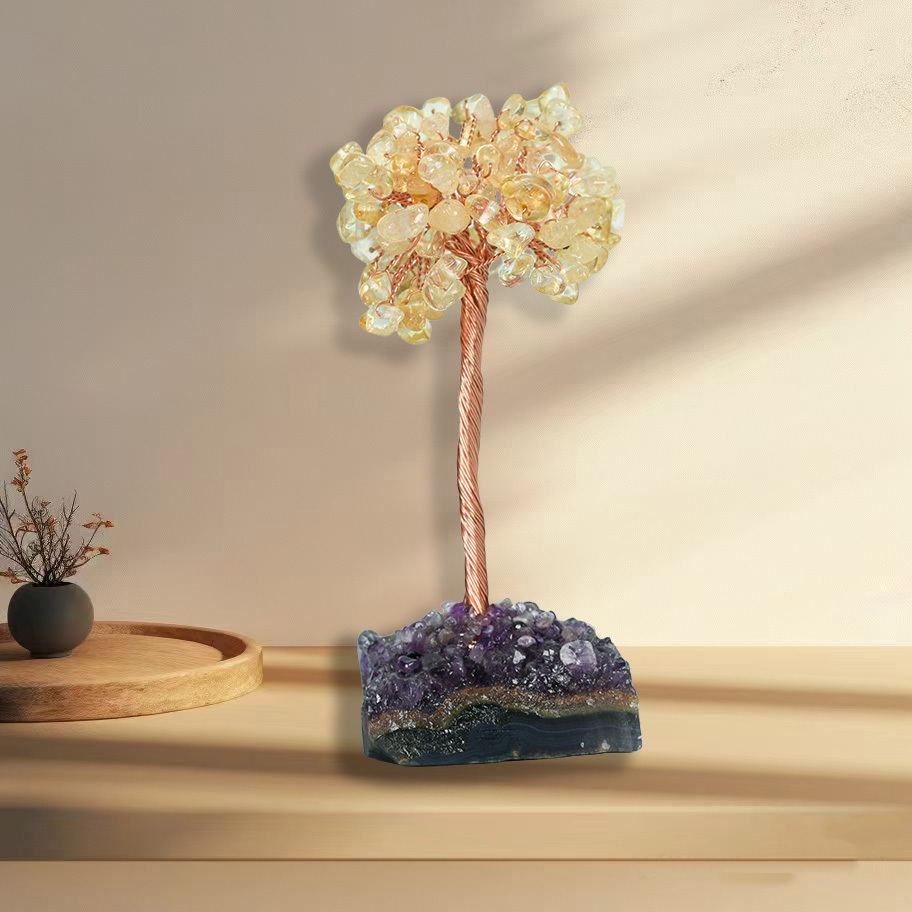 Raw Stone Copper Tree with Druzy Amethyst Cluster Ornament（ Approx 50-80MM X125MM)