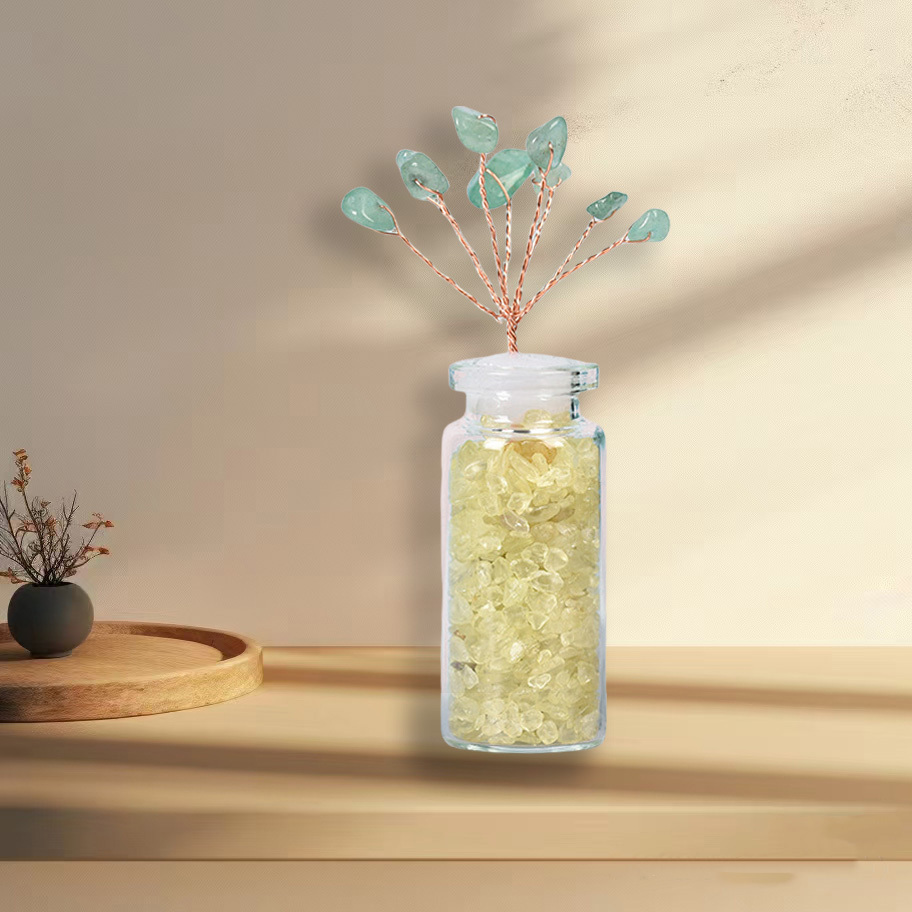 Raw Stone Tree with Crystal Wishing Bottle Base for Home Office Table Decor Wealth and Luck