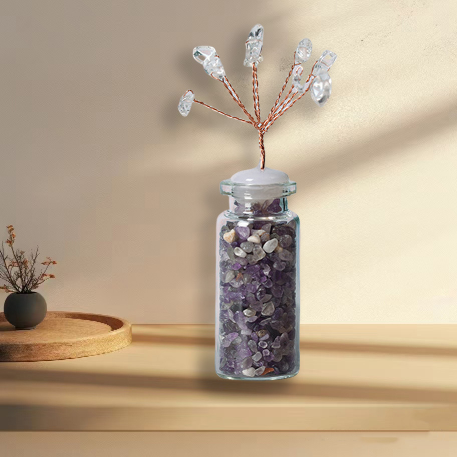 Raw Stone Tree with Crystal Wishing Bottle Base for Home Office Table Decor Wealth and Luck