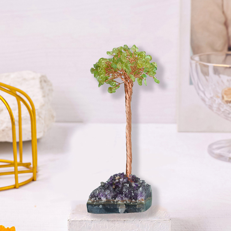 Raw Stone Copper Tree with Druzy Amethyst Cluster Ornament（ Approx 50-80MM X125MM)
