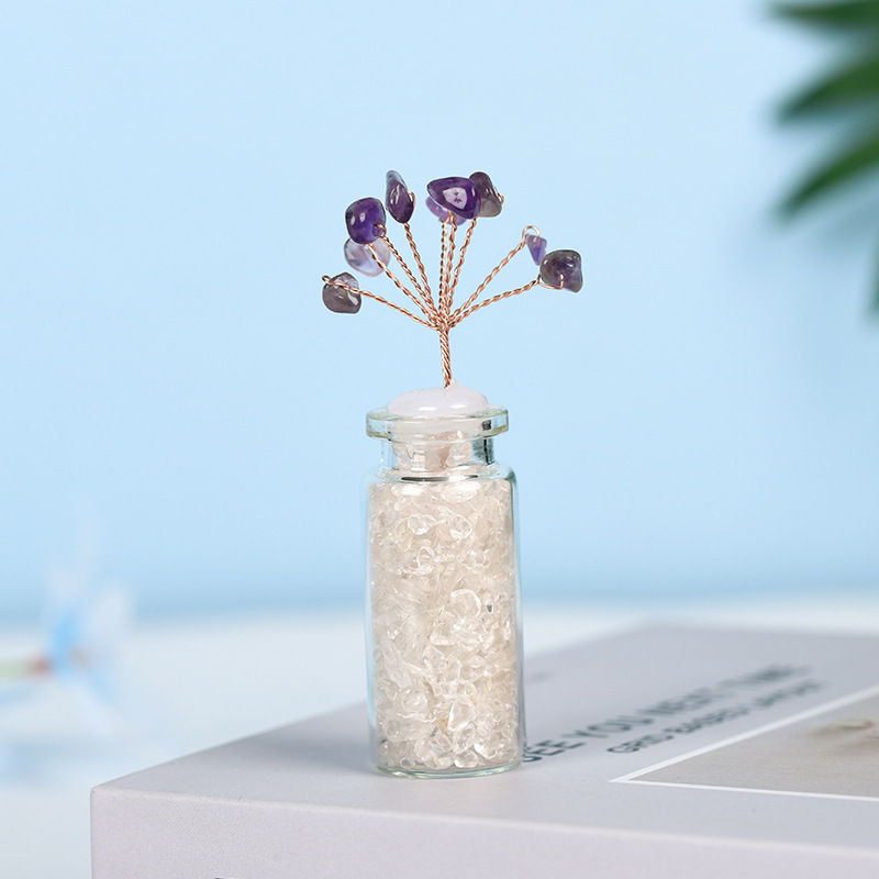 Raw Stone Tree with Crystal Wishing Bottle Base for Home Office Table Decor Wealth and Luck