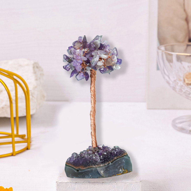 Raw Stone Copper Tree with Druzy Amethyst Cluster Ornament（ Approx 50-80MM X125MM)
