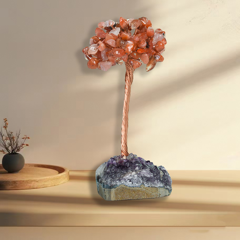Raw Stone Copper Tree with Druzy Amethyst Cluster Ornament（ Approx 50-80MM X125MM)