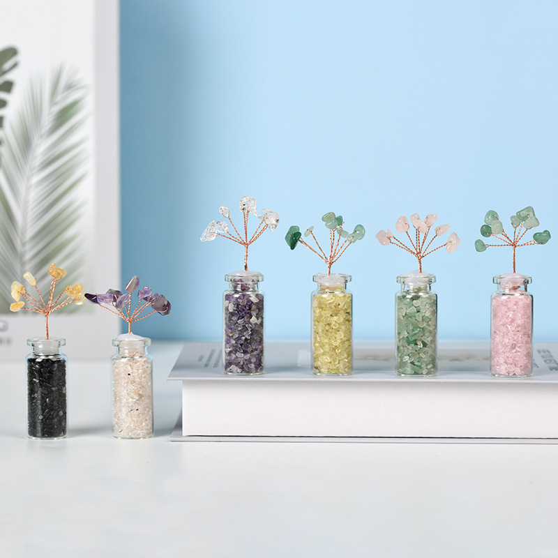 Raw Stone Tree with Crystal Wishing Bottle Base for Home Office Table Decor Wealth and Luck