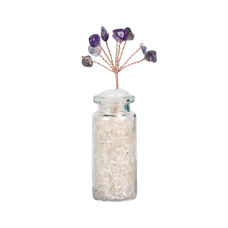 Raw Stone Tree with Crystal Wishing Bottle Base for Home Office Table Decor Wealth and Luck